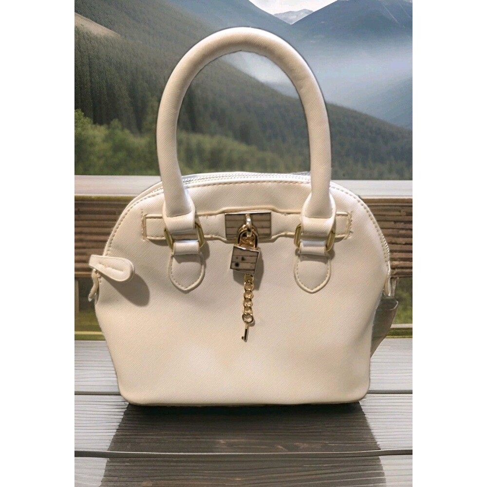 ALDO White Saffiano Faux Leather Dome Satchel Top Handle Bag Gold Padlock Accent